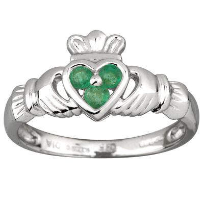 Ladies Claddagh Ring in white gold with green stones