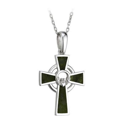 Pendant Celtic cross with green Irish marble