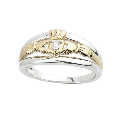 Claddagh Ring aus Sterling Silber, Gold und Diamanten Größe 50 / Innendurchmesser 16.0 mm / Intl. Größe 5
