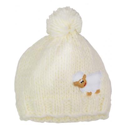 Children knit cap, wool white with sheep 1-2 years