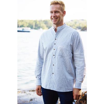 Stehkragenhemd / Grandfather Shirt - Weiß-dunkelblau gestreift 3XL
